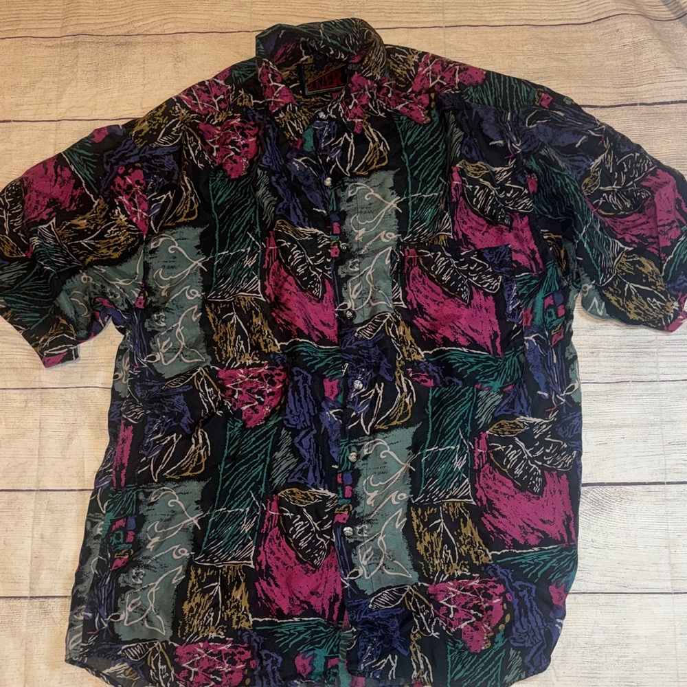 Vtg Blazer Silk Shirt M Pink Black 90s Button